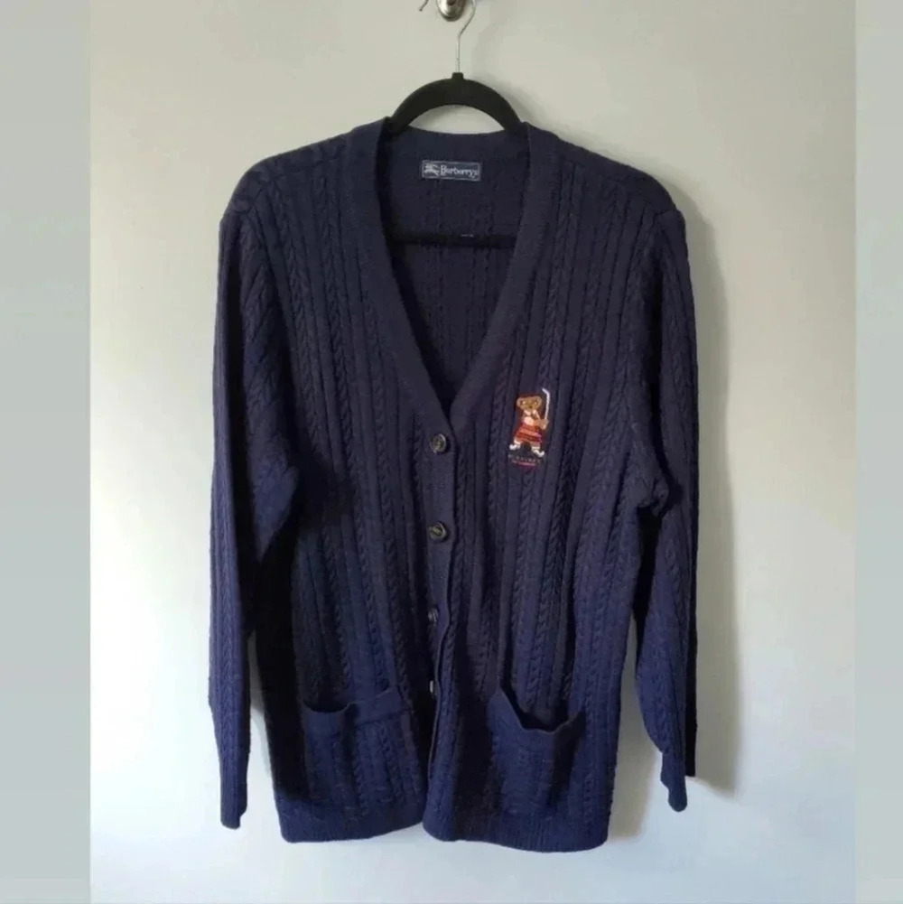 Vintage 90s Burberrys Thomas Bear Cable Knit Cardigan Navy Oversized Golf Bear